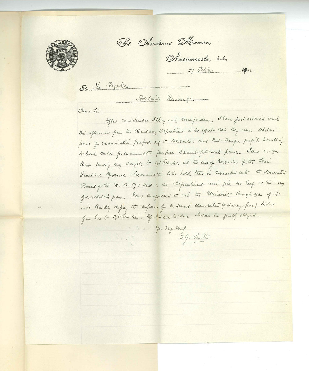 Reverend T J Smith - Narracoorte - Railway expenses for daughters exam in Practice of Music at Mount Gambier