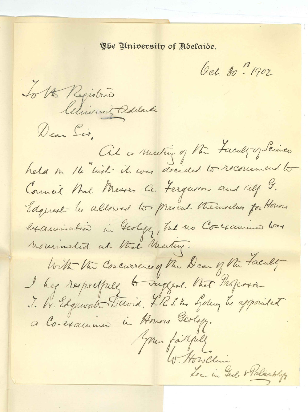 Walter Howchin - The University - Suggests Professor David be appointed Co-Examiner in Honours Geology