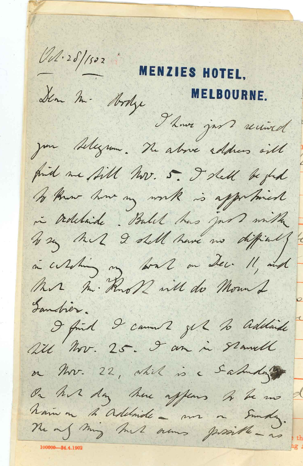 S P Waddington - Melbourne - Date he will arrive in Adelaide and date of Steamer he wishes to catch