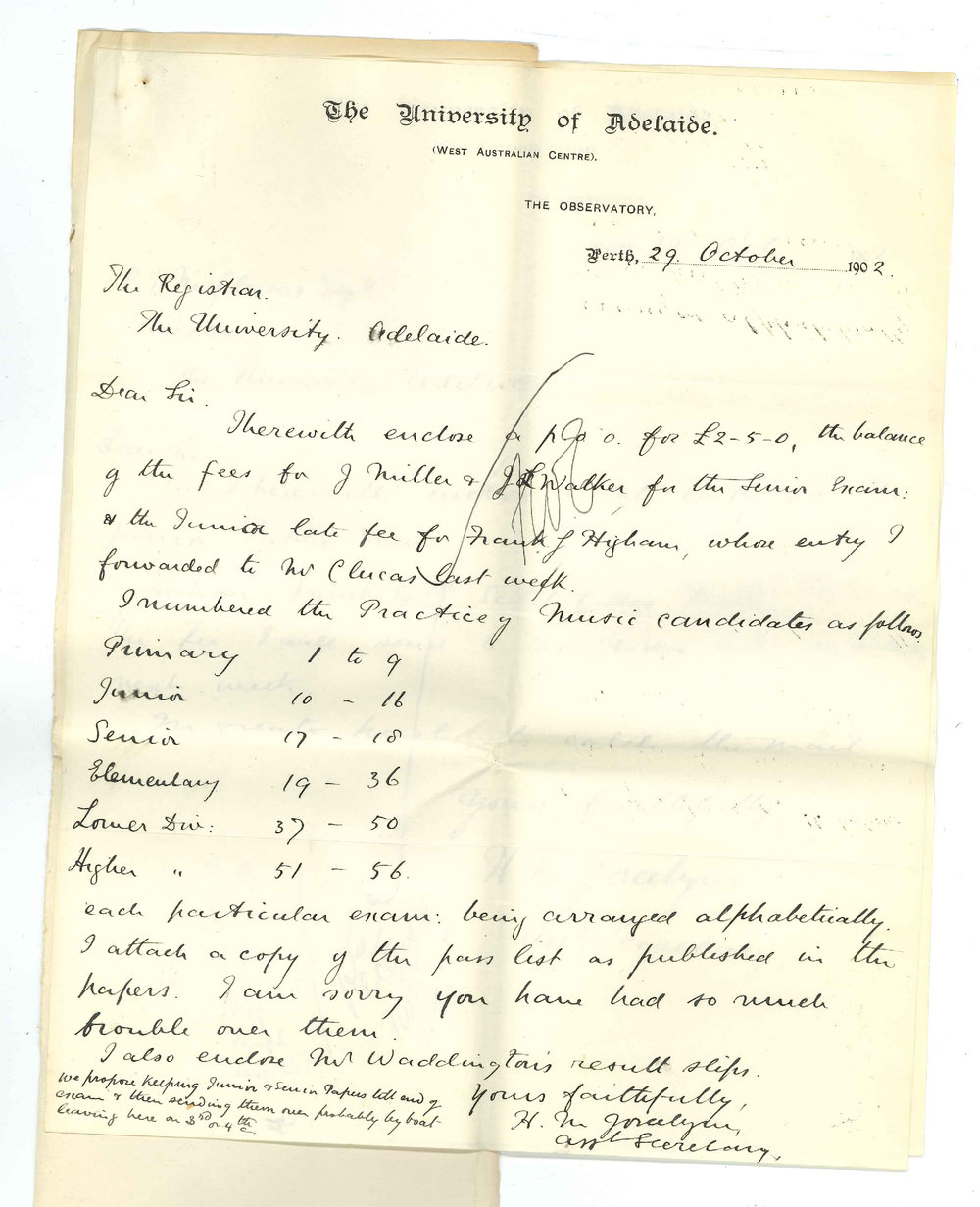 Henry Maurice Joscelyne - Perth WA - Fees for Junior and Senior Exams Numbers given to Practice of Music Candidates - Forwarding copy of pass list as published - Mr Waddingtons result slips