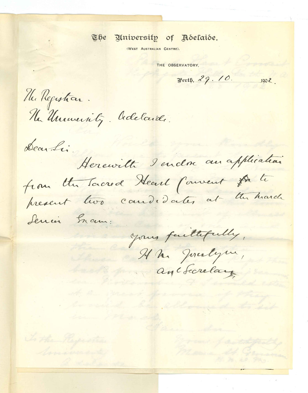 Henry Maurice Joscelyne - Perth WA - Requesting permission to allow two Candidates to sit for Senior Exam in March