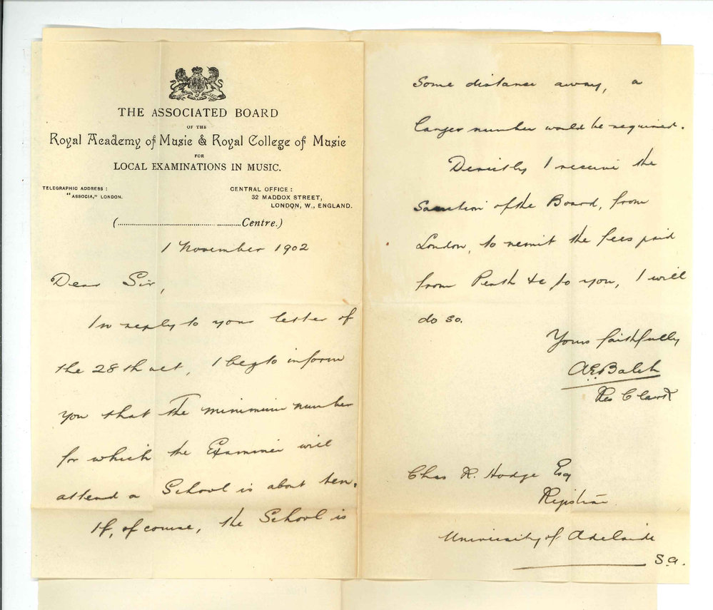 A E Balch - Resident Clerk - The Associated Board - Sydney - Minimum number for Schools Exams and concerning remittance of Perth fees