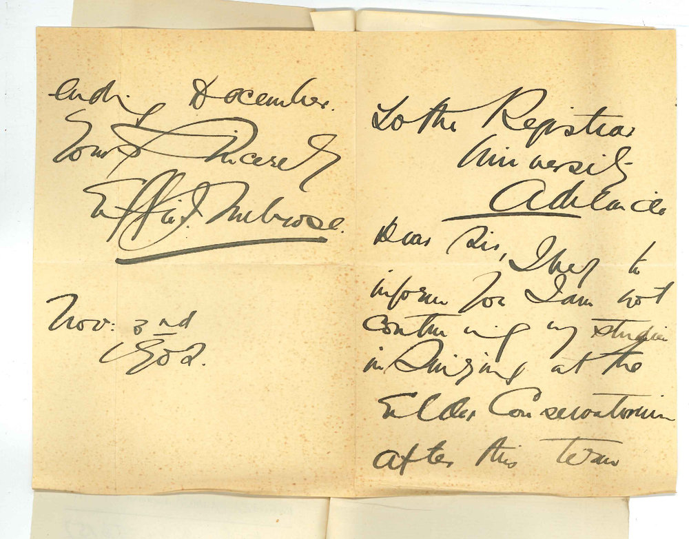 Miss Effie J Melrose - Discontinuing lessons at Conservatorium