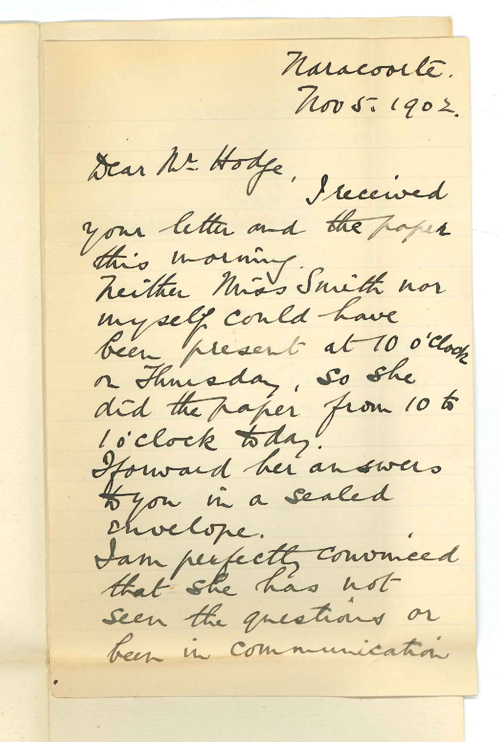 Reverend Ben D Beeley - Narracoorte - Forwarding answers of Miss Smith Exam and with respect to conduct of Exam