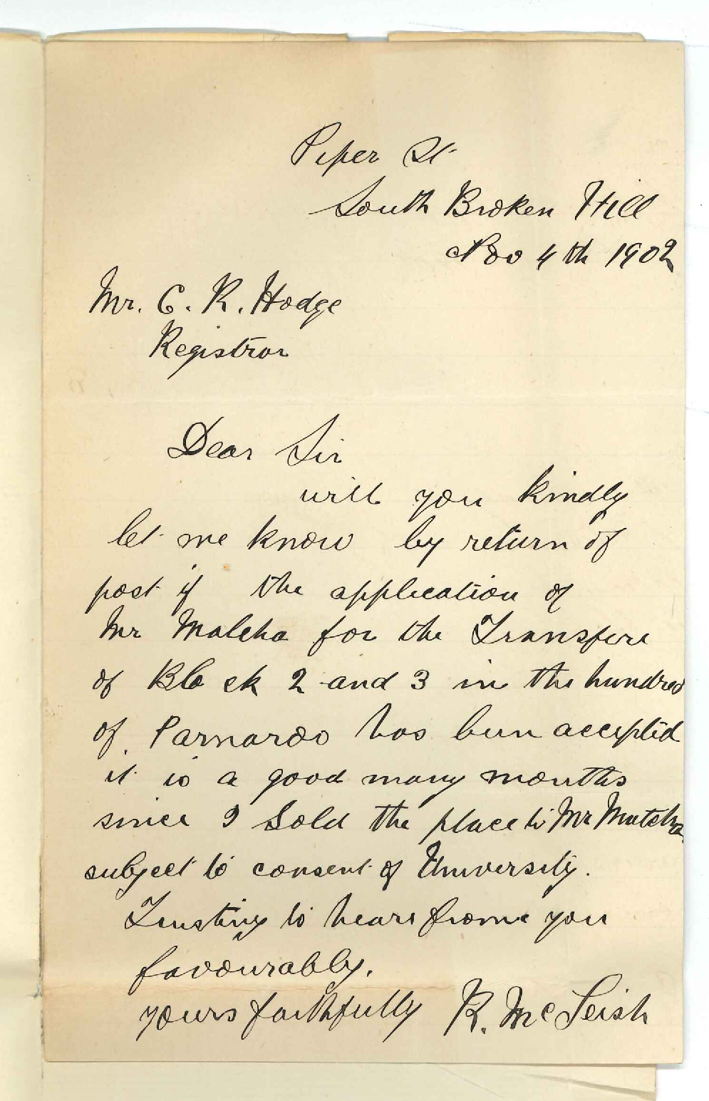 R McLeish - South Broken Hill - Transferring of lease of land Section 2 and 3 to Mr Malycha