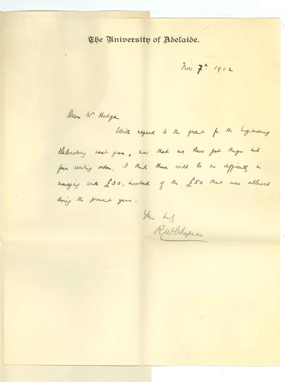 Robert William Chapman - University - Concerning expenditure for 1903