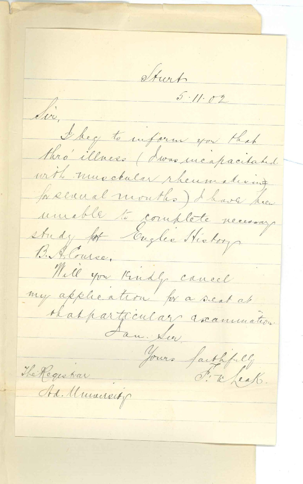 F A Leak - Sturt - Withdrawing from exam in English History BA Course