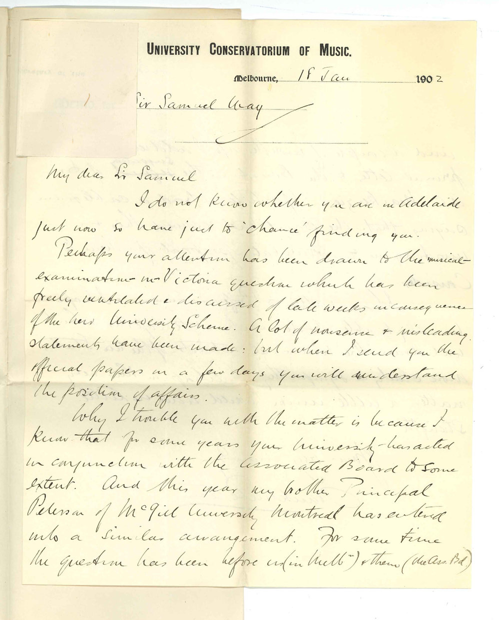 Professor Franklin Peterson - University Conservatorium of Music - Melbourne - To the Chancellor Sir Samuel James Way - Regarding Public Examinations in Music