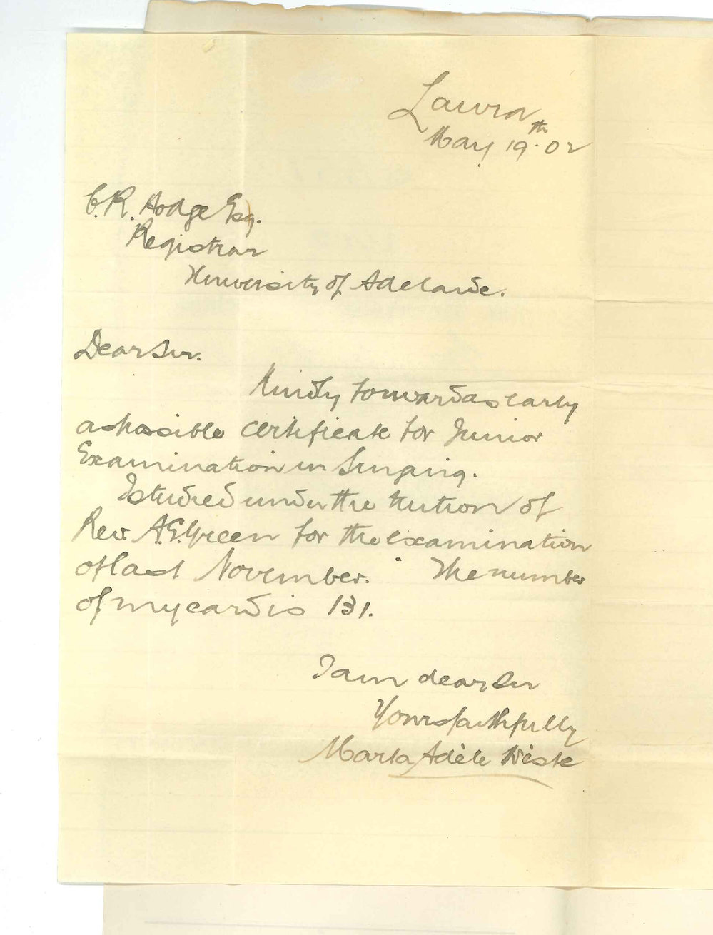 Miss Marta Adele Weste - Laura - Requesting certificate for Junior Singing Exam 1901