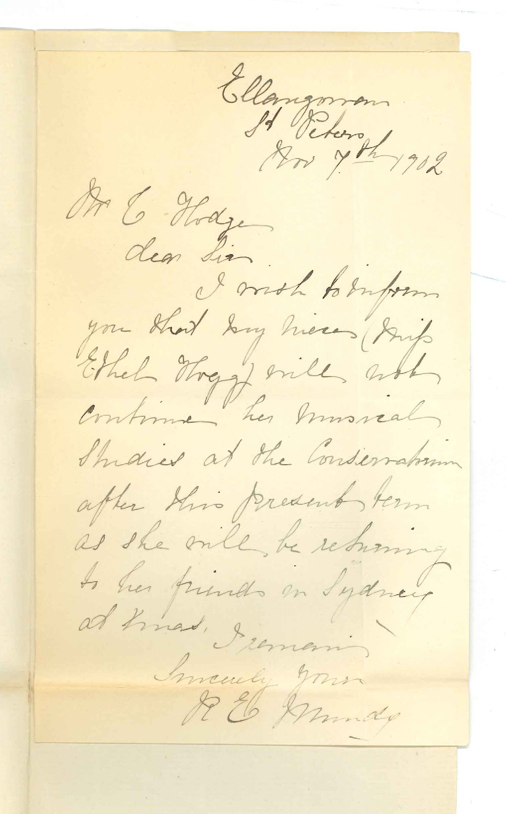 Mrs R E Mundy - St Peters - Miss E Hogg will discontinue lessons at the Conservatorium