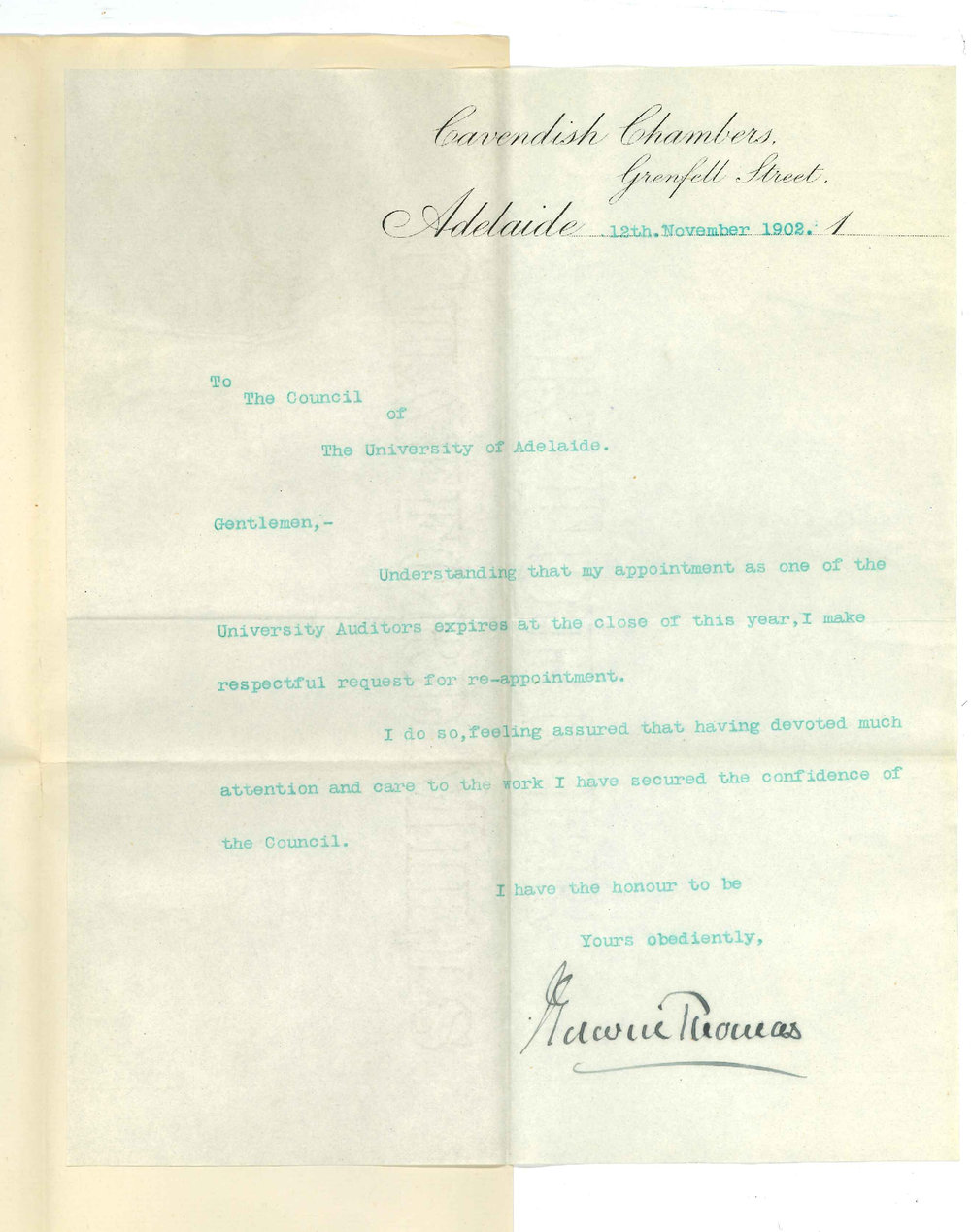 J Edwin Thomas - Adelaide - Requesting re-appointment as Auditor
