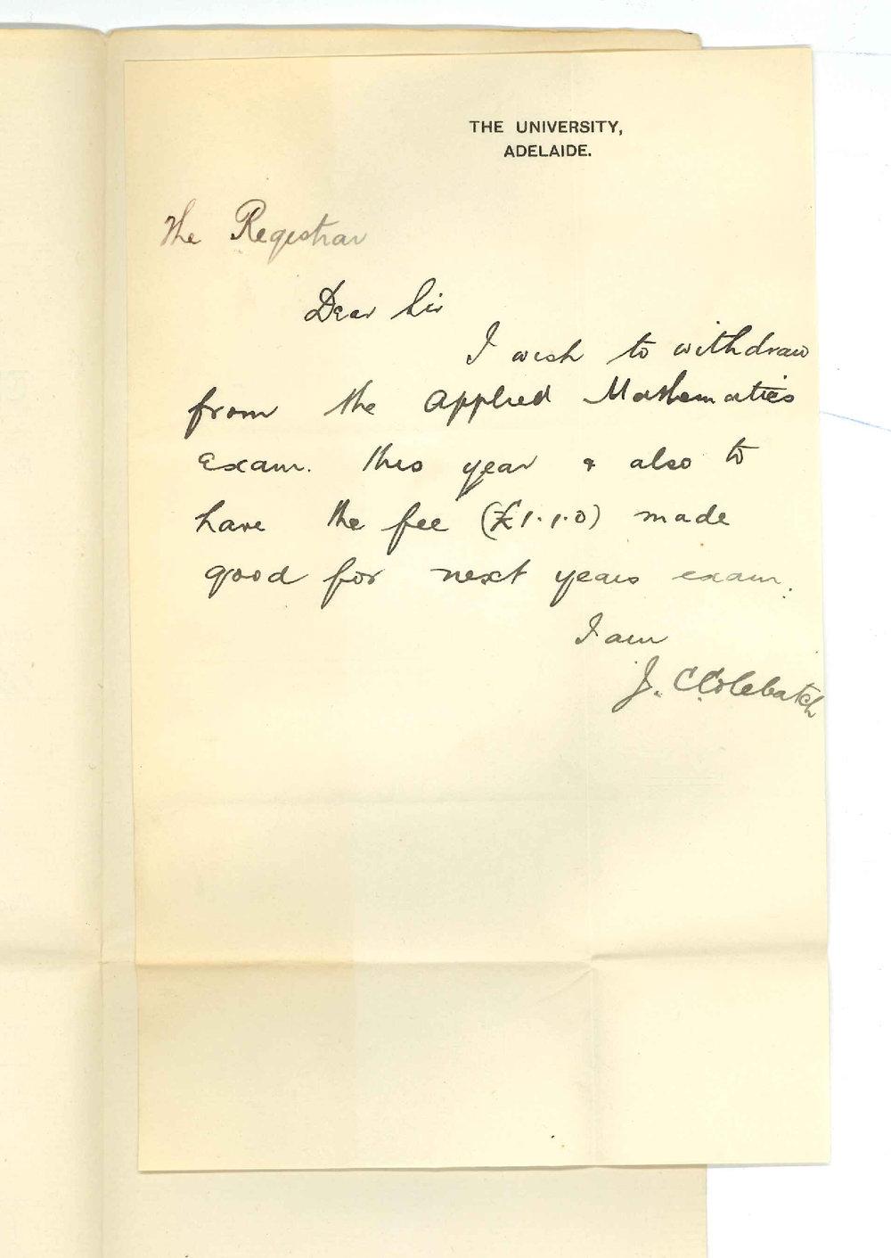 Jasper C Colebatch - University - Withdrawing from Applied Mechanics Exam