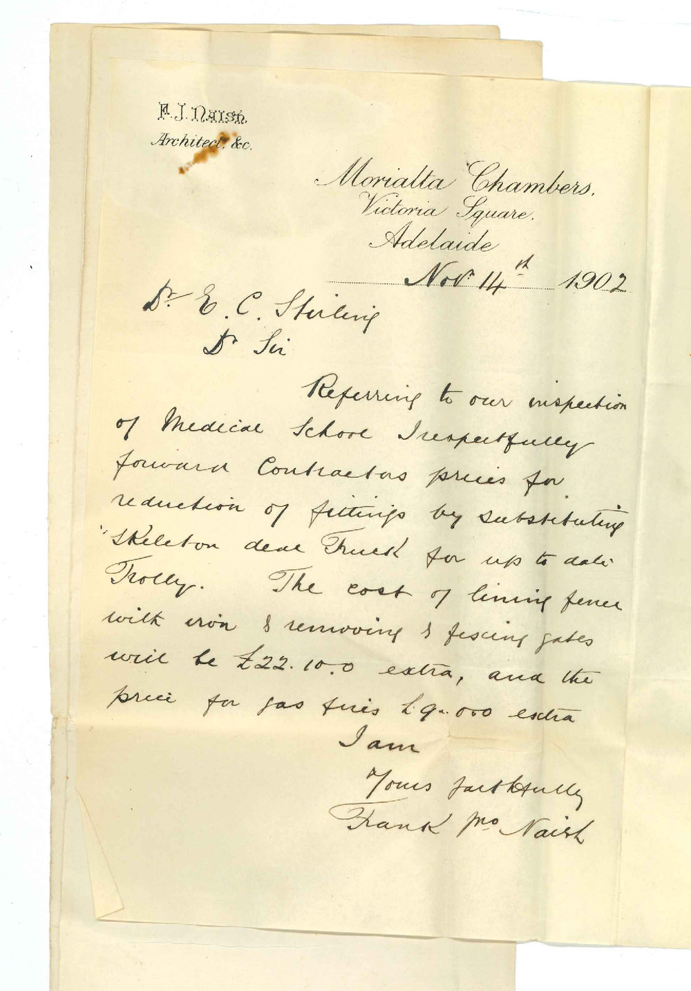 Frank James Naish - Adelaide - Forwarding price for fittings to new Medical School