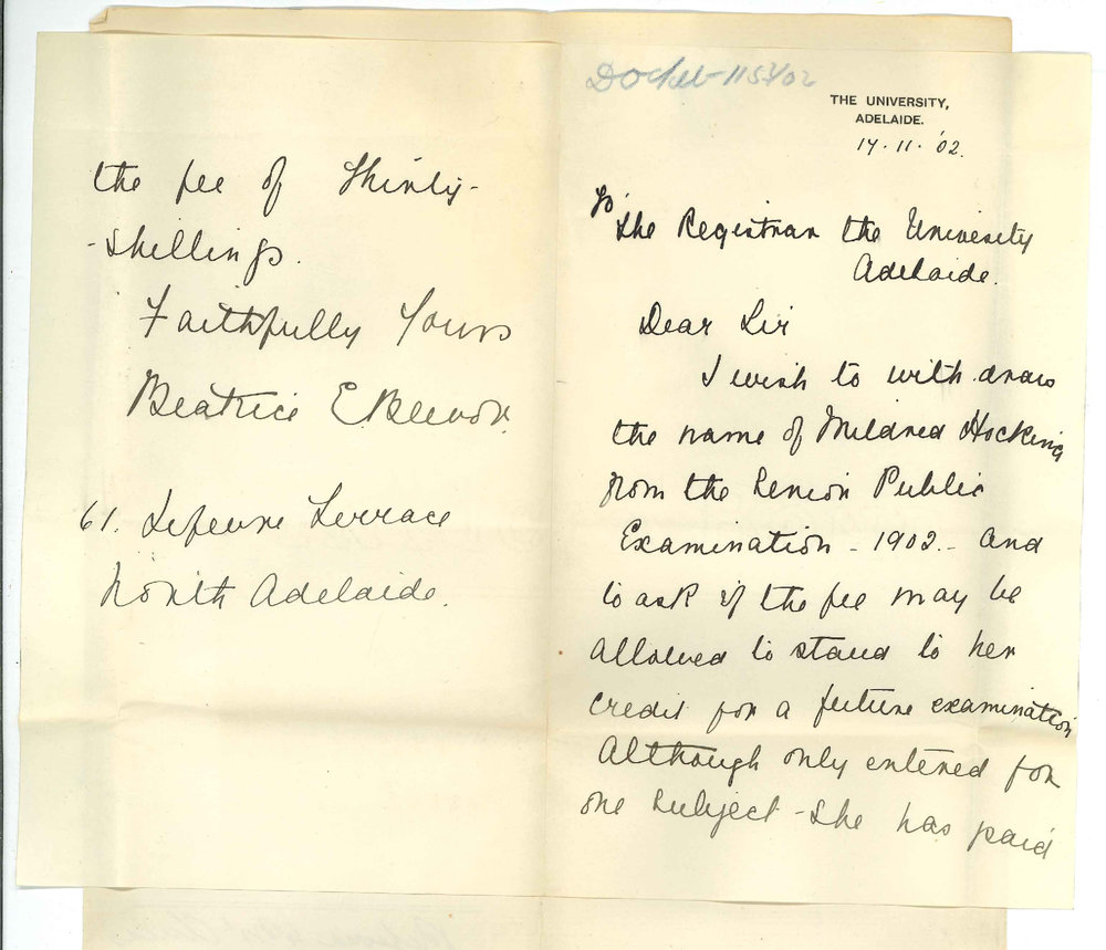 Miss Beatrice E Beevor - Adelaide - Withdrawing Miss M Hocking from the Senior Public Exam