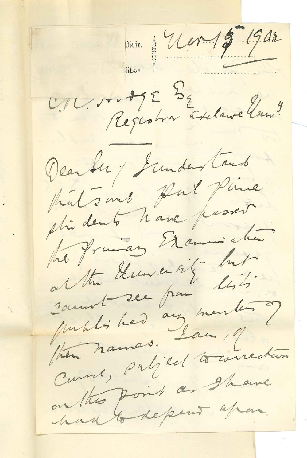 M Meyrick - Recorder Office - Port Pirie - Past list of Port Pirie candidates for Public Exams may be sent to him