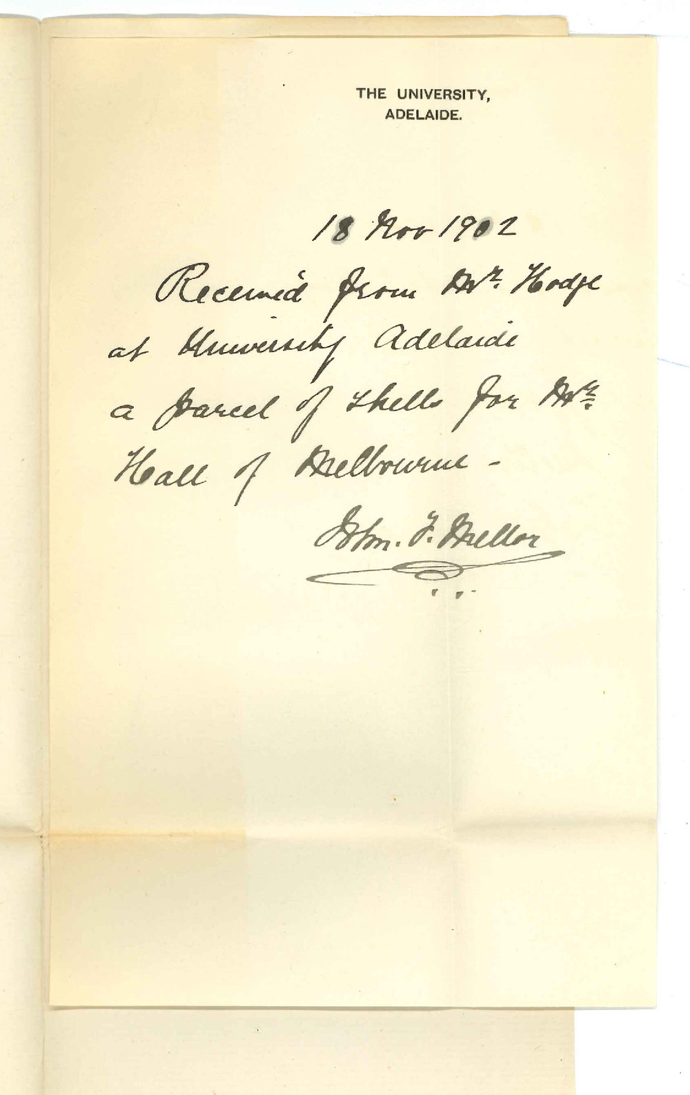 John F Mellor - The University - Acknowledging receipt of parcels of shells
