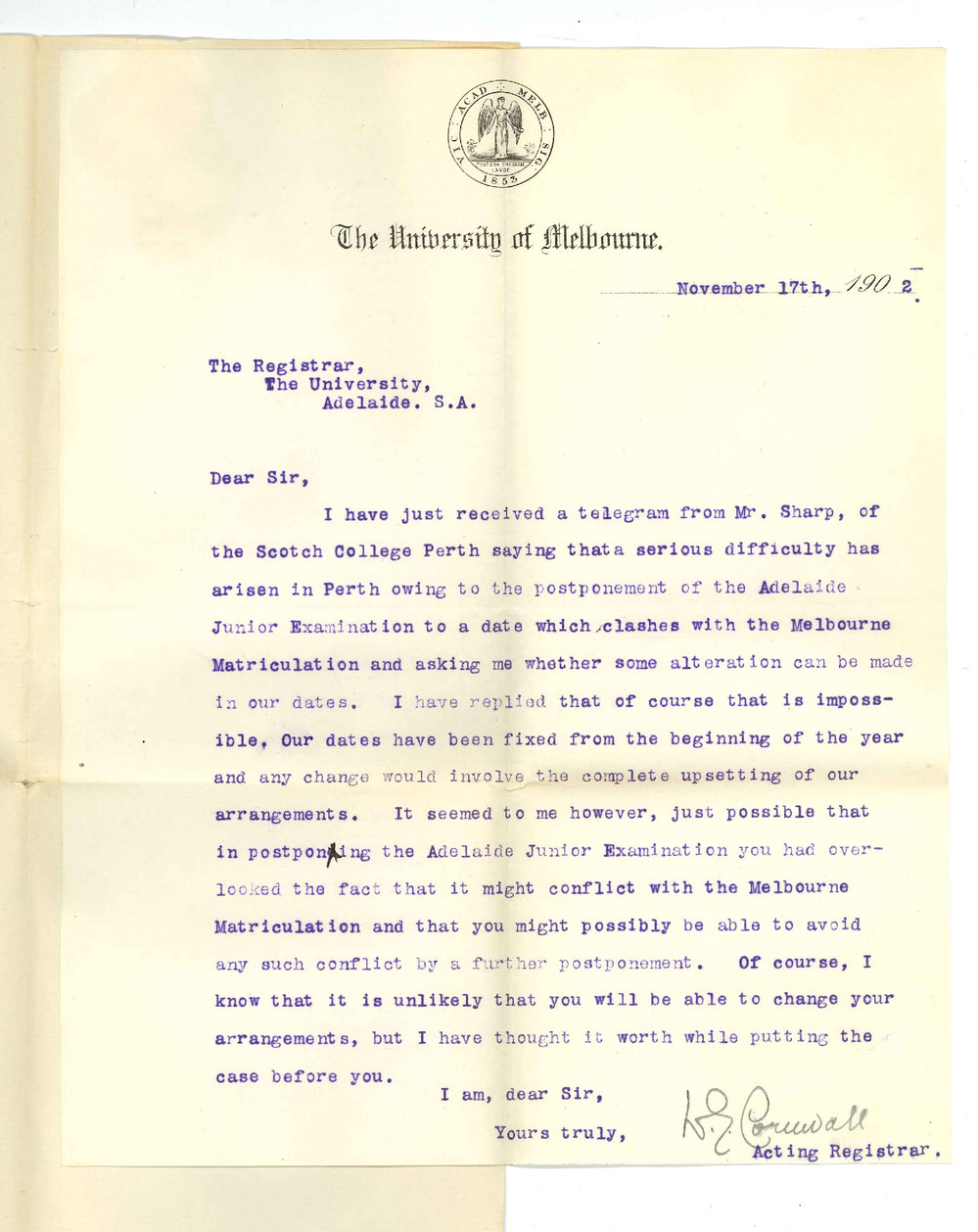 H E Cornwall - Acting Registrar - University of Melbourne - Clash between Junior Public and Melbourne Matriculation Exams at Perth