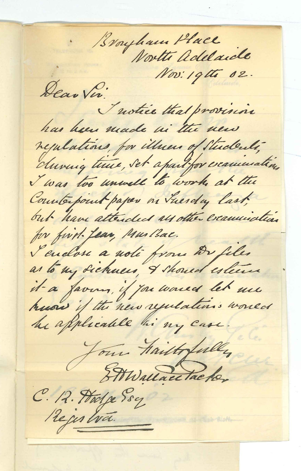 E H Wallace Packer - North Adelaide - Forwarding Doctors Certificate of Illness