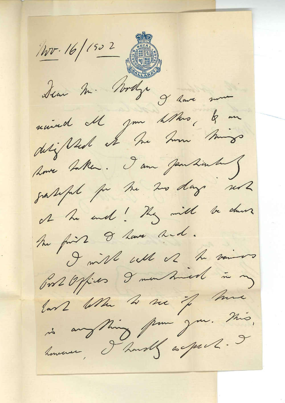 S P Waddington - Ballarat - Acknowledging receipt of all letters and thanks for arrangements made for Practice Exams