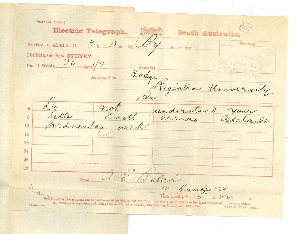 A E Balch - Resident Clerk - The Associated Board - Sydney - Mr Knott will arrive in Adelaide on Wednesday next 26 November 1902