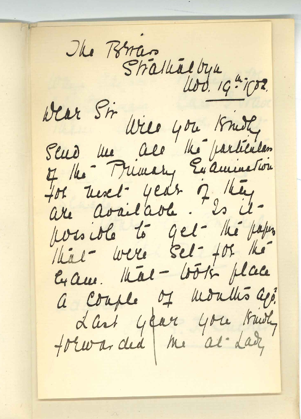 Mrs E T Tucker - Strathalbyn - Requesting particulars of Primary Exam and distribution of Commemoration Tickets