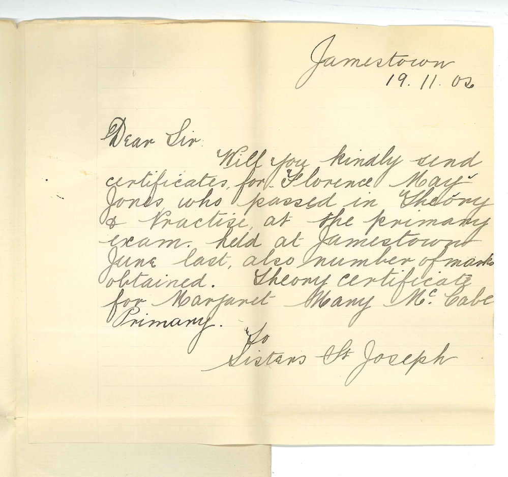 St Josephs Convent - Jamestown - Requesting Music Certificates
