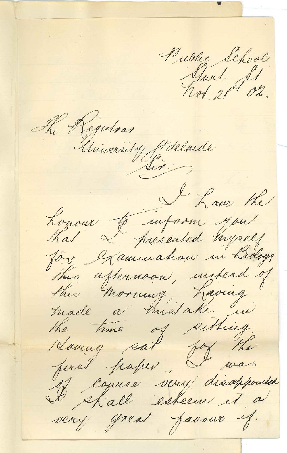 E M Ralph - Adelaide - Concerning his missing Biology Examination