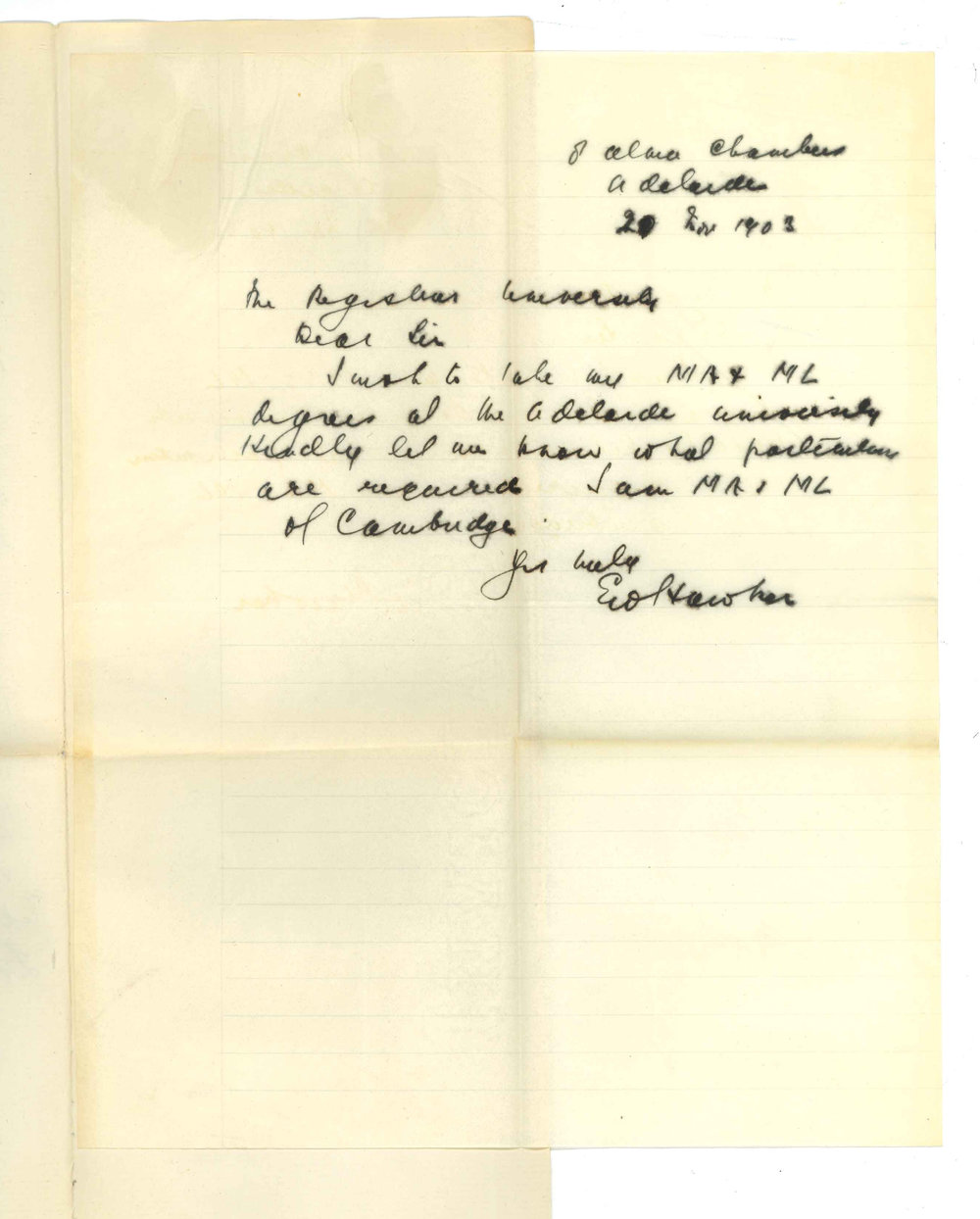 E W Hawker - Adelaide - Admission ad eundem gradum