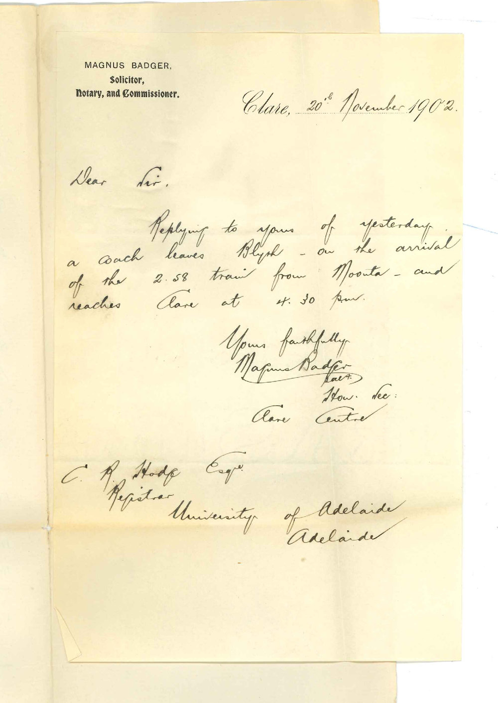 Magnus Badger - Clare - Stating coach leaves Blyth for Clare on arrival 2-58 train from Moonta
