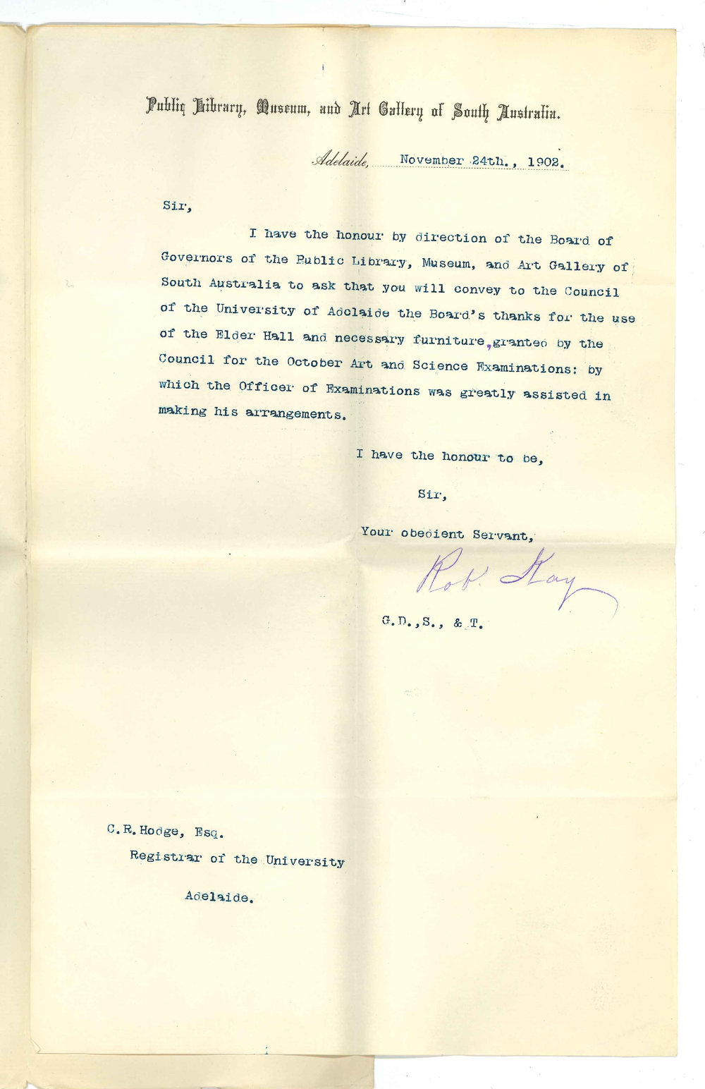 Robert Kay - Public Library Museum and Art Gallery of South Australia - Thanking Council for use of Elder Hall for Art Examinations