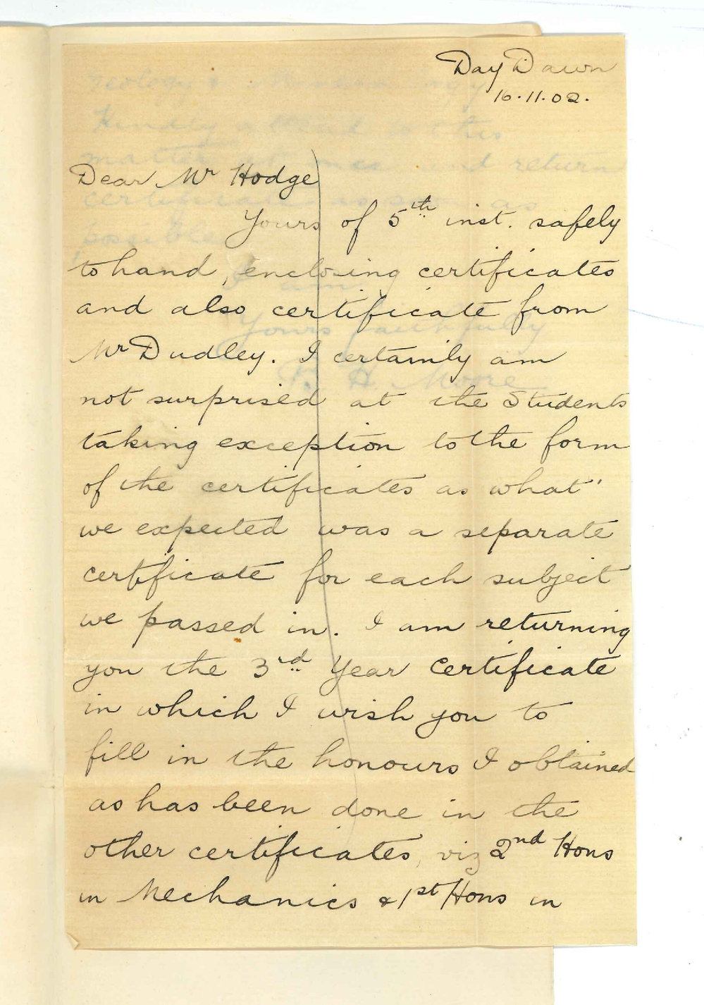 B H Moore Day Dawn W A - Acknowledging receipt of Certificates and requesting addition made to the third year Certificates