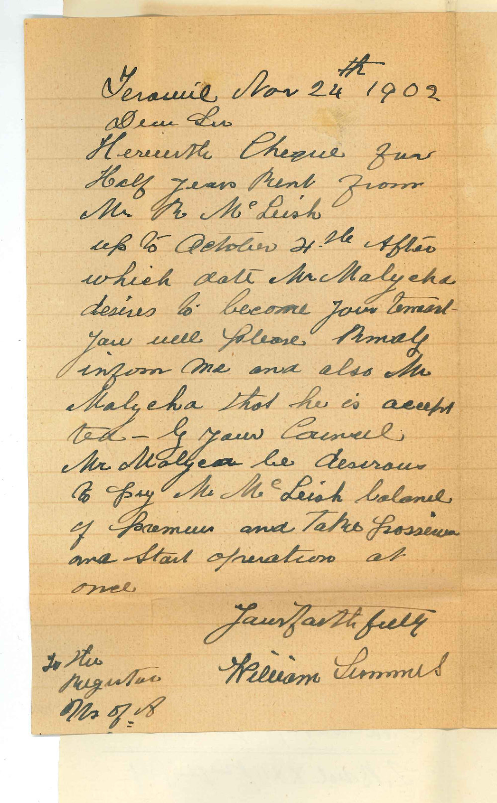 William Summers - Terowie - Forwarding half years rent from Mr R McLeish - Mr Malycha taking possession of McLeish land