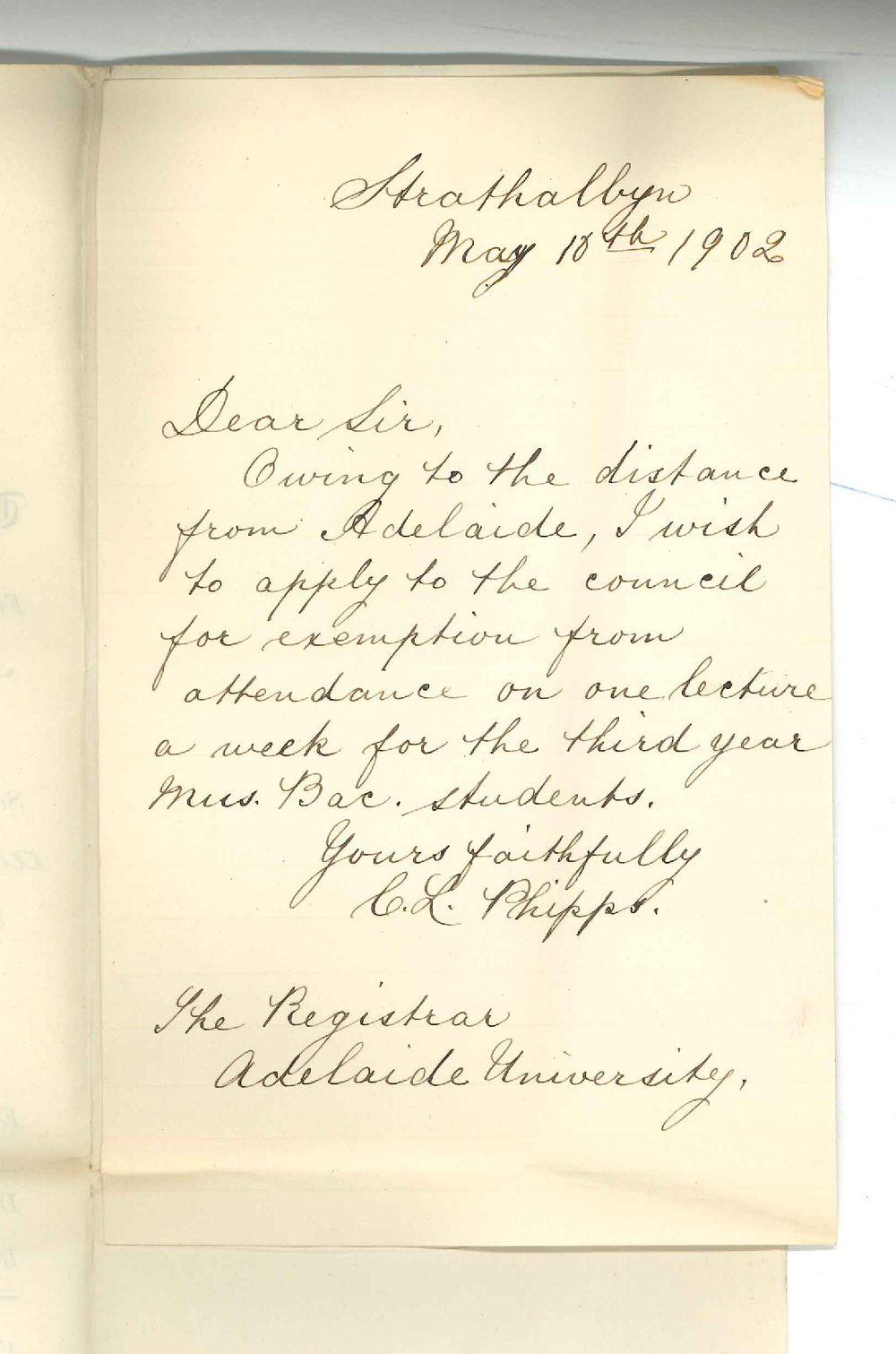 Miss Charlotte Lucy Barkwell Phipps - Strathalbyn - Exemption from attendance at Music Bachelor lectures