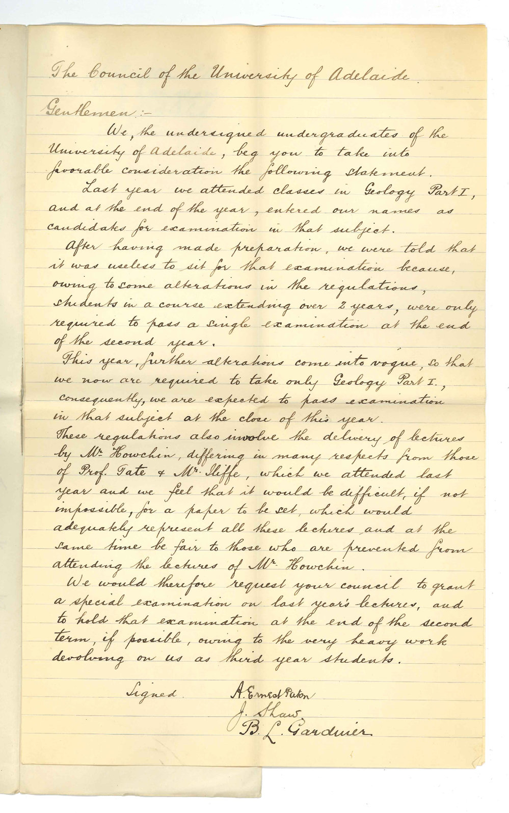 Adolph Ernest Paton and other Mining Students - University - Concerning examination in Geology Part I