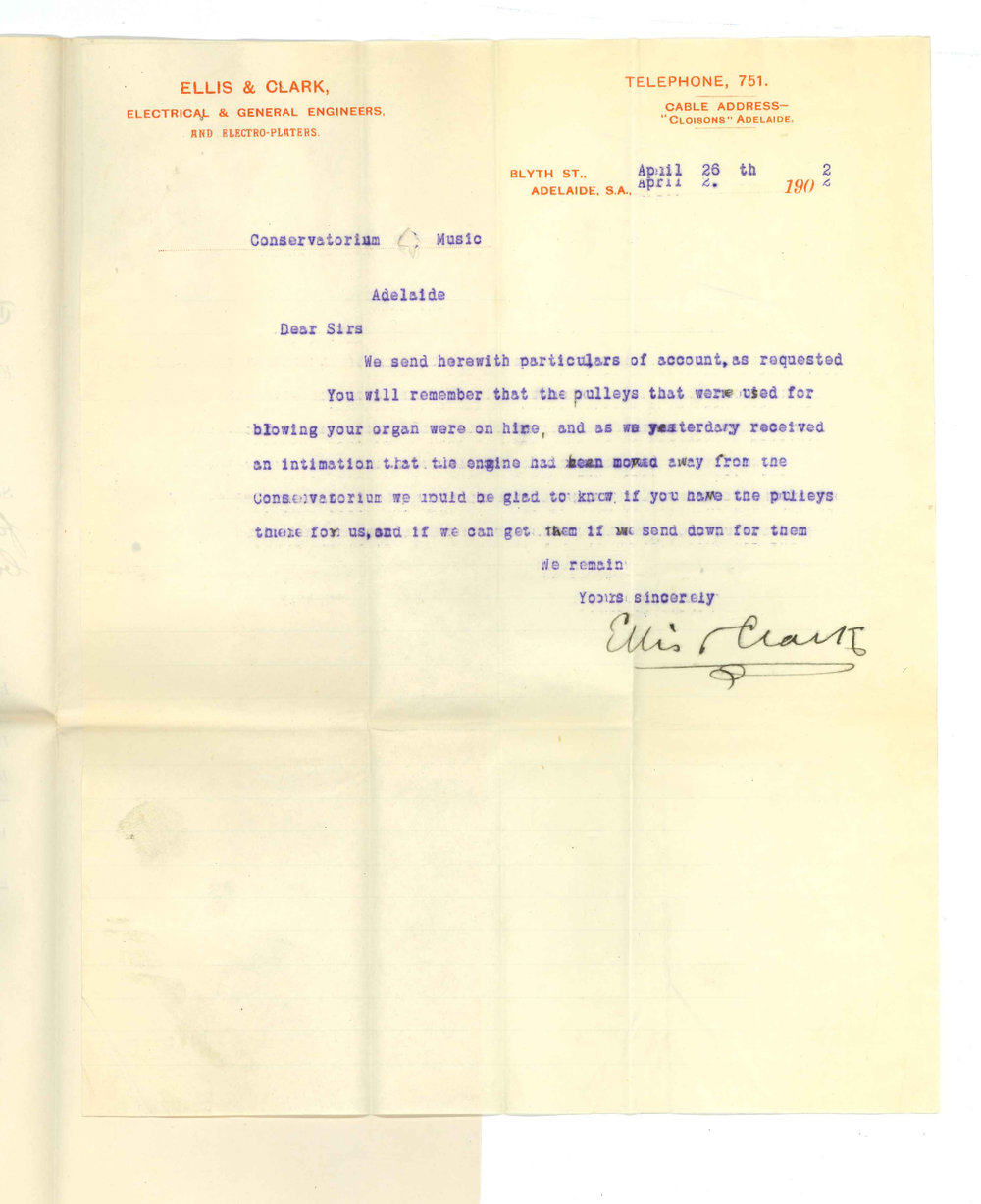 Ellis and Clark - Electrical and General Engineer and Electro-Platers - Adelaide - With respect to account for use of pulleys for blowing University organ