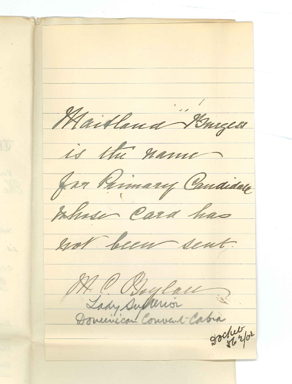 Miss M C Boylan - The Lady Superior - Dominican Convent Cabra - Adelaide - Stating Miss Maitland Burgess is the proper name for Primary Theory and Practice Exam candidate