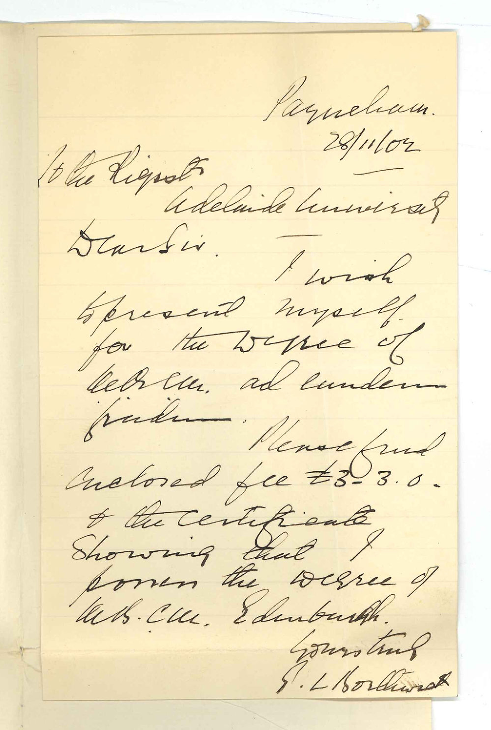 E L Borthwick - Payneham - Admission ad eundem gradum