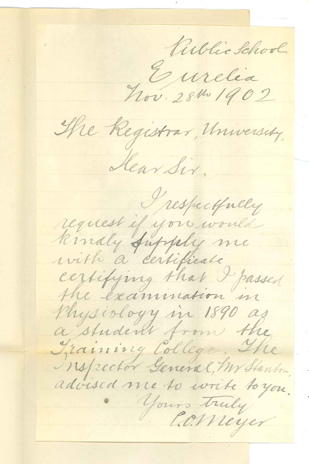 C O Meyer - Public School - Eurelia - Requesting Certificate for passing in Physiology in 1890