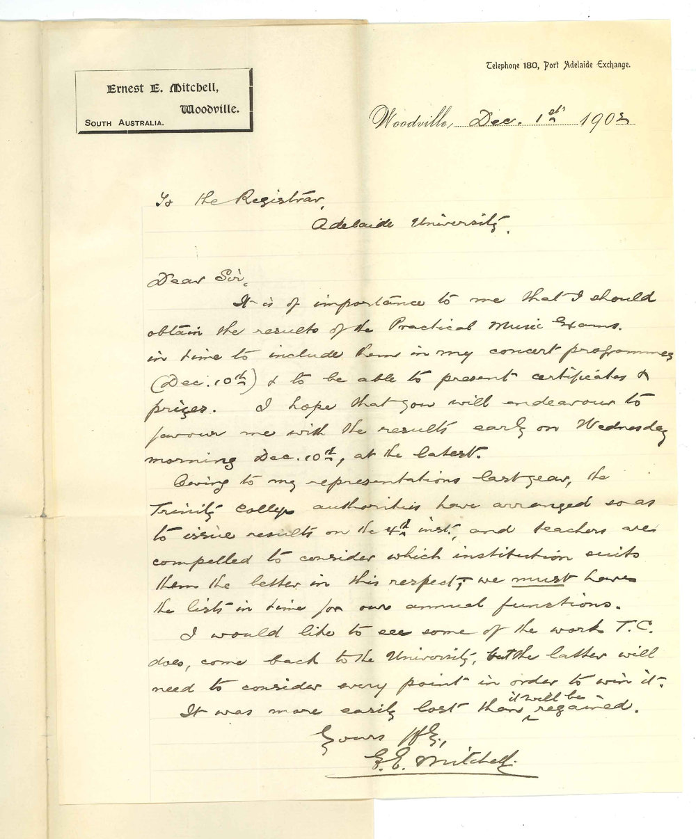 Ernest E Mitchell - Woodville - Requesting results of Music Exam on 10 December