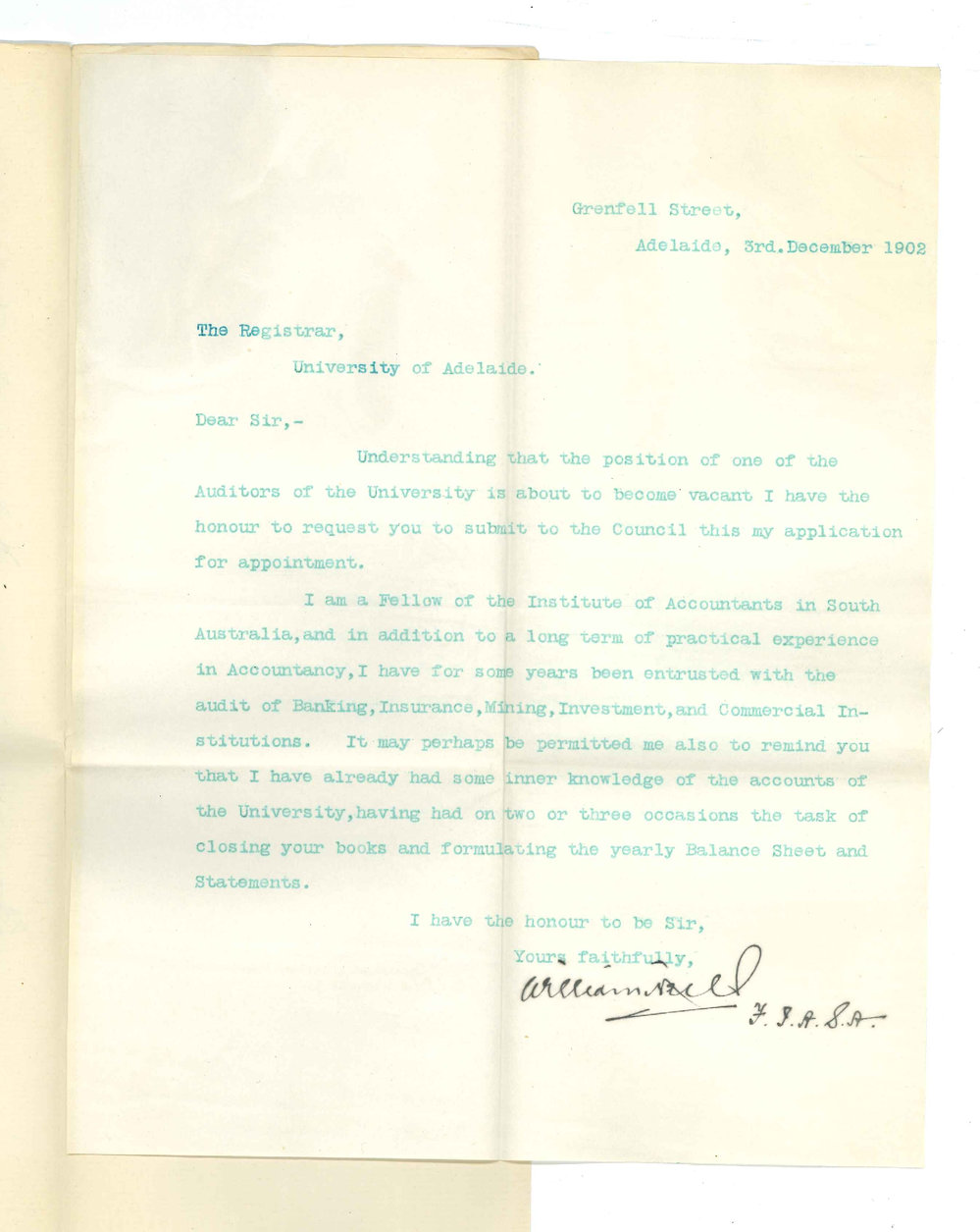 William Neil - Adelaide - Application for position of Auditor