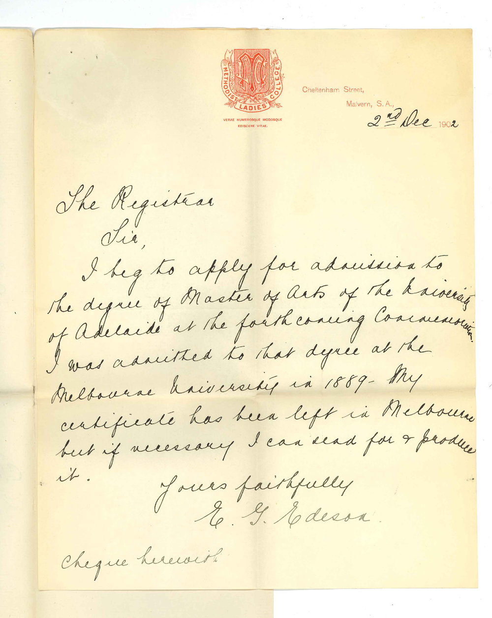 Miss E G Edeson - Malvern - Admission ad eundem gradum