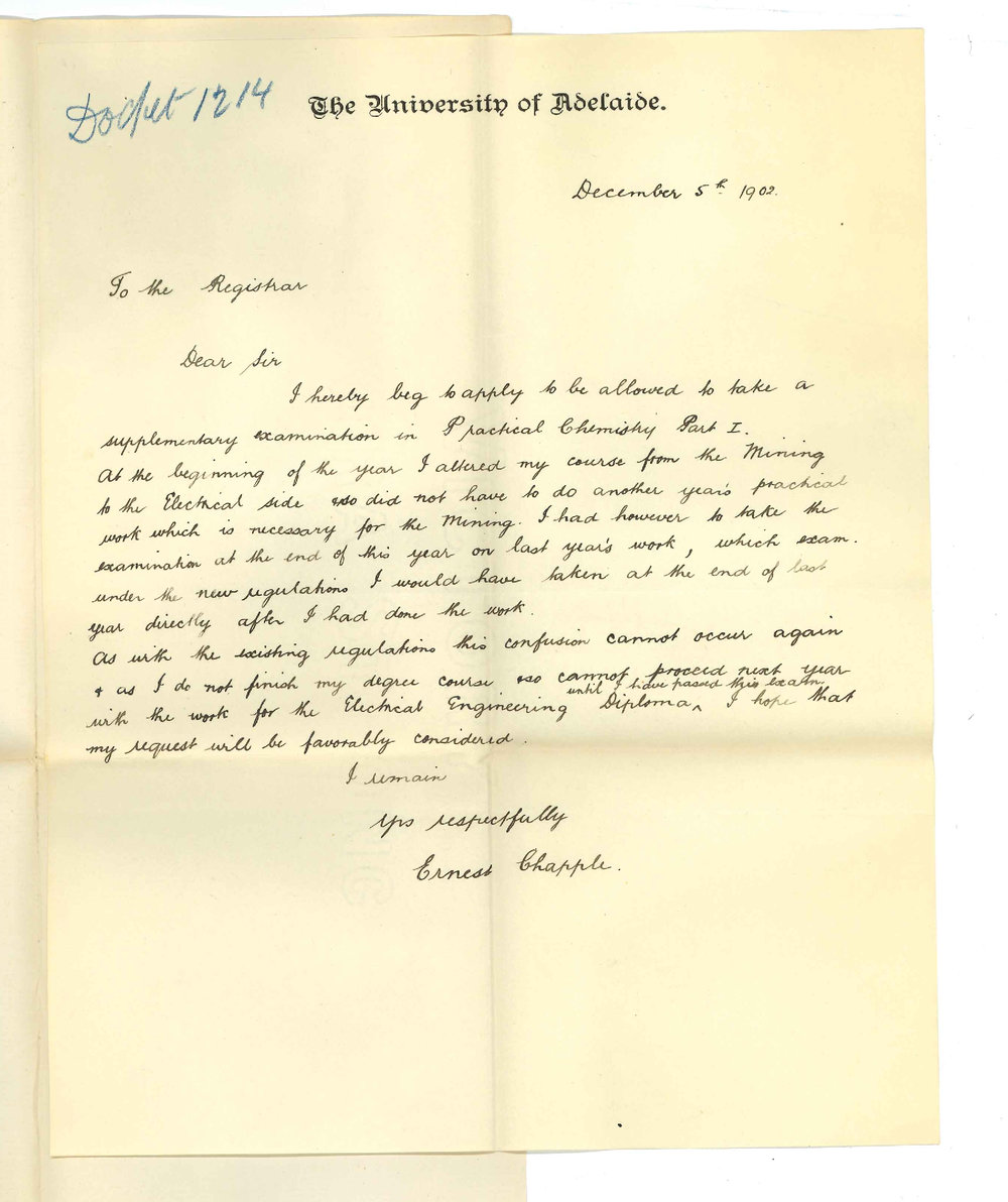 Ernest Chapple - Adelaide - Asking for a Supplementary Exam in Chemistry Part I