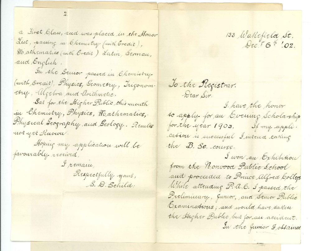 S D Schild - Adelaide - Application for an Evening Scholarship