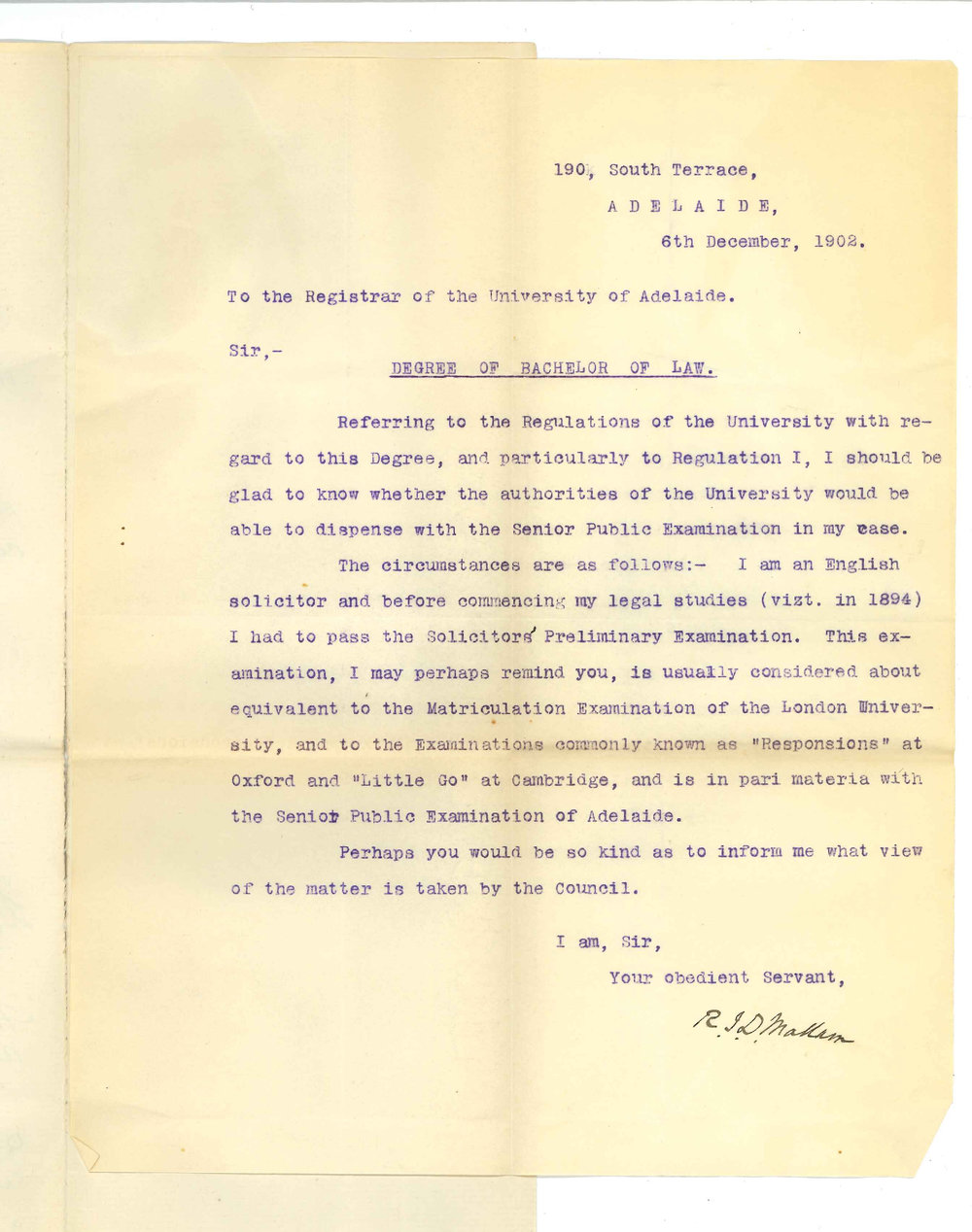 R J D Mallan - Adelaide - Admission to LLB Course