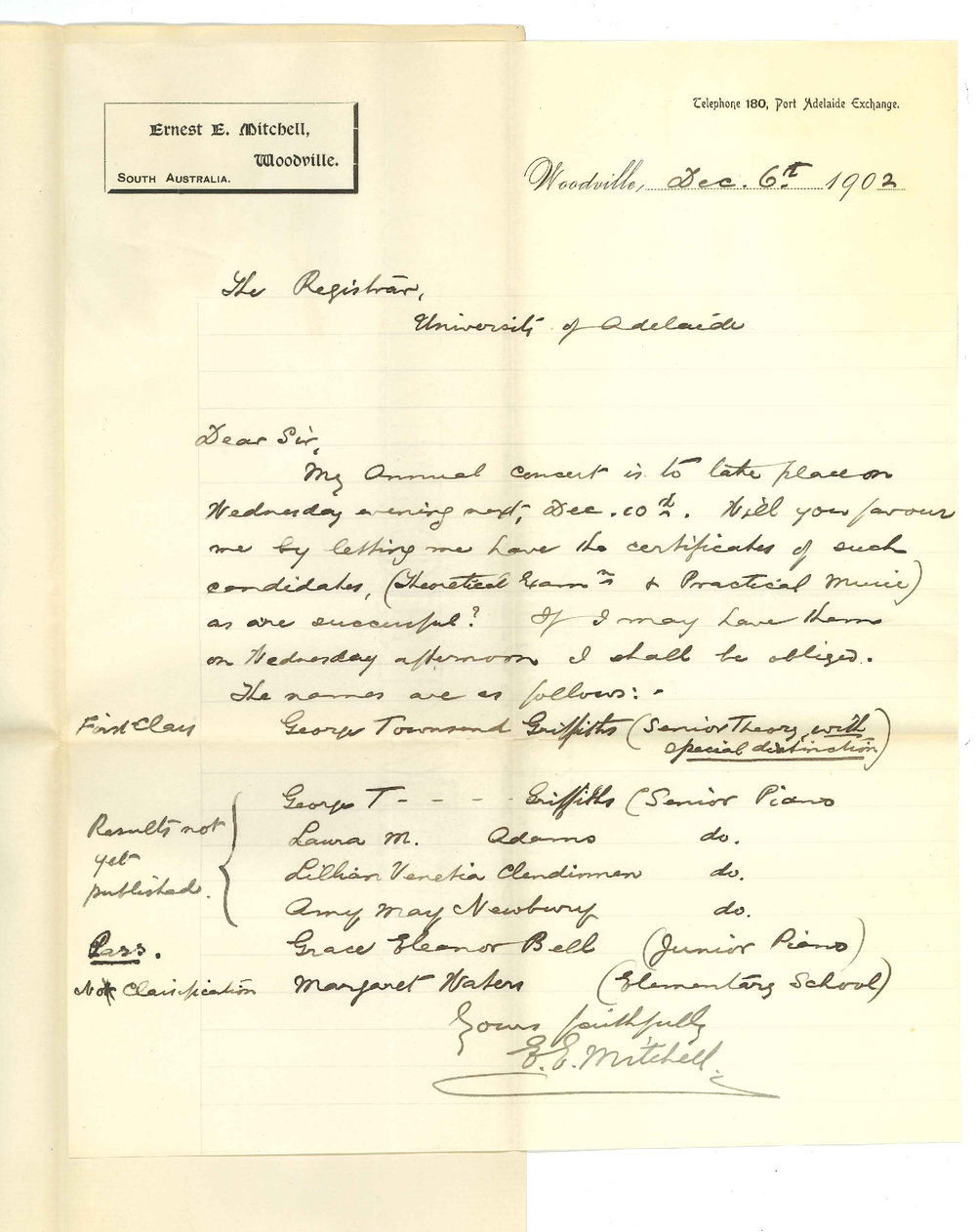 Ernest E Mitchell - Woodville - Requesting Certificates for Junior and Senior Theory and Practice of Music Exams