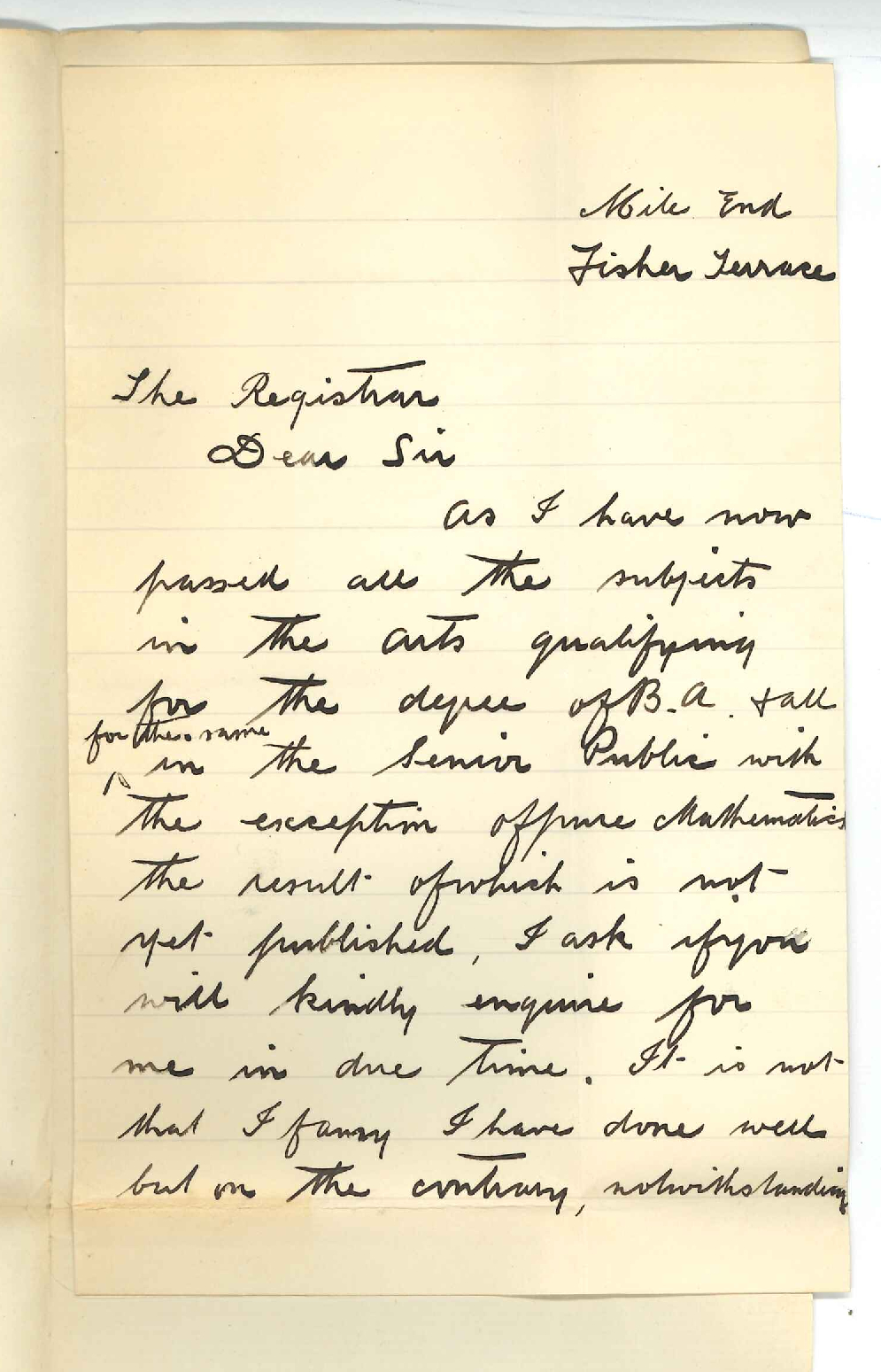 C F Hall - Mile End - Asking for result of his Senior Public Exam
