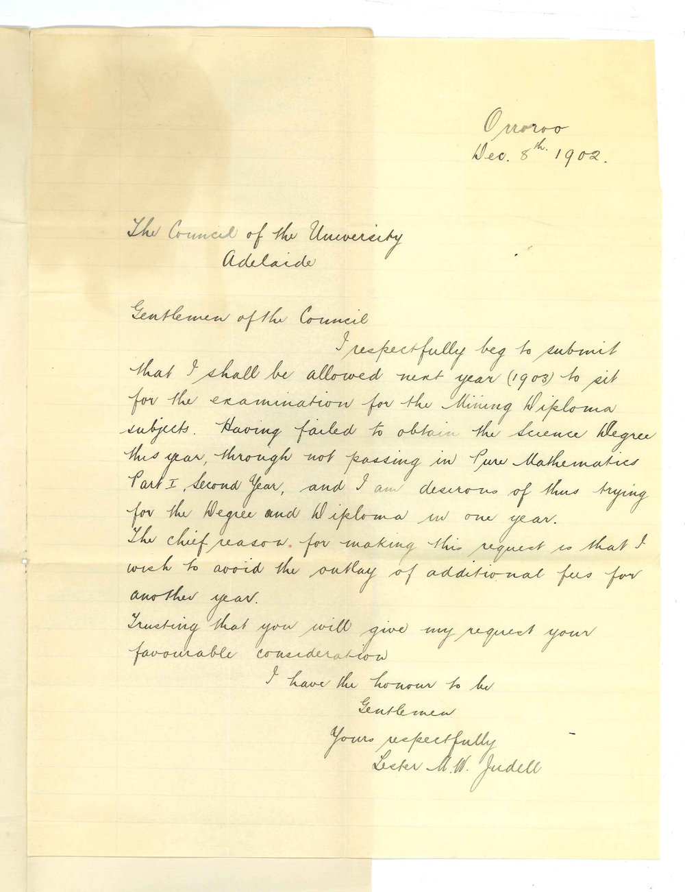 Lester M W Judell - Orroroo - Permission to sit for Mining Diploma subjects in 1903