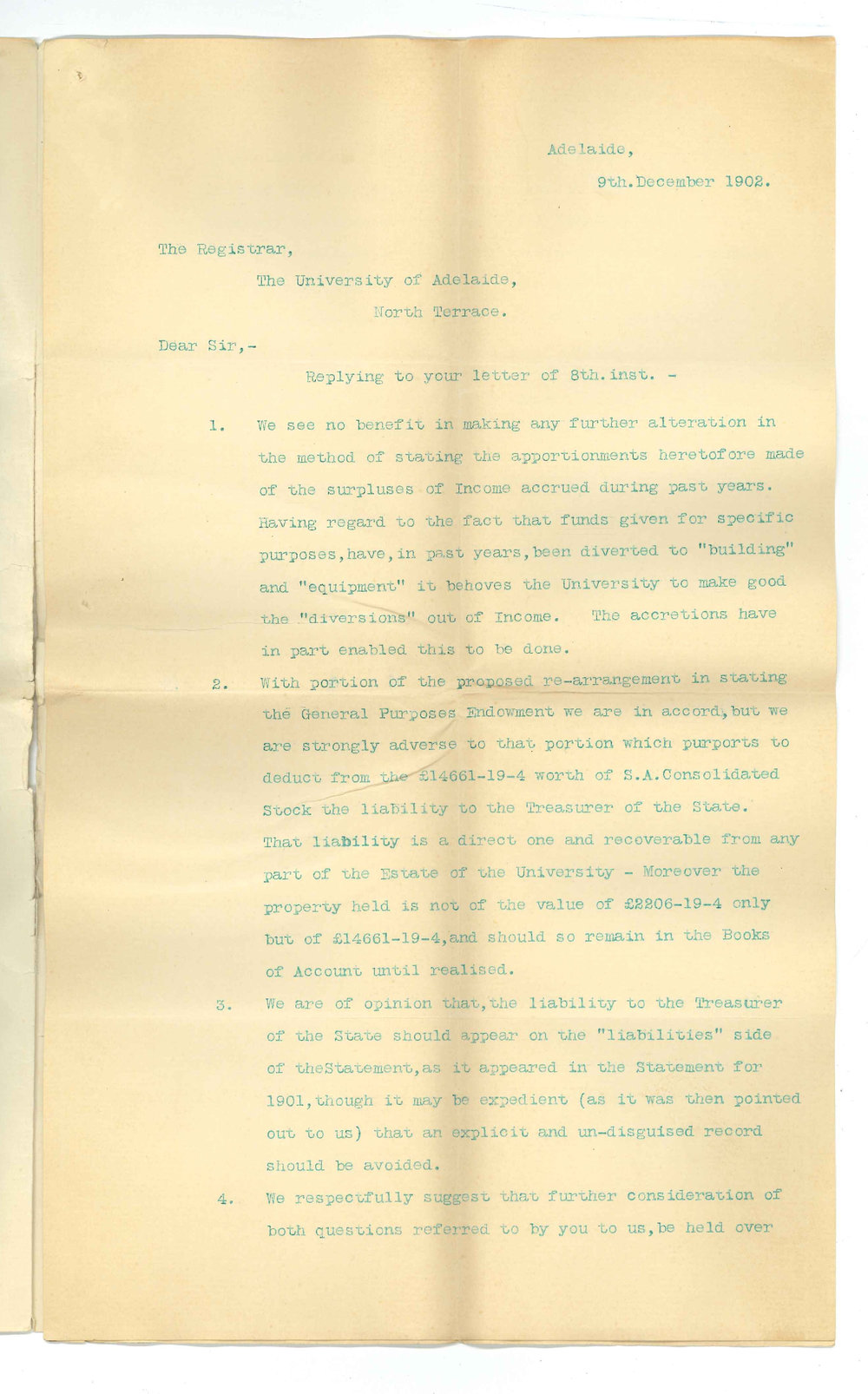 Arthur George Harvey and J Edwin Thomas - Auditors - With regard to proposed alterations in Balance Sheets