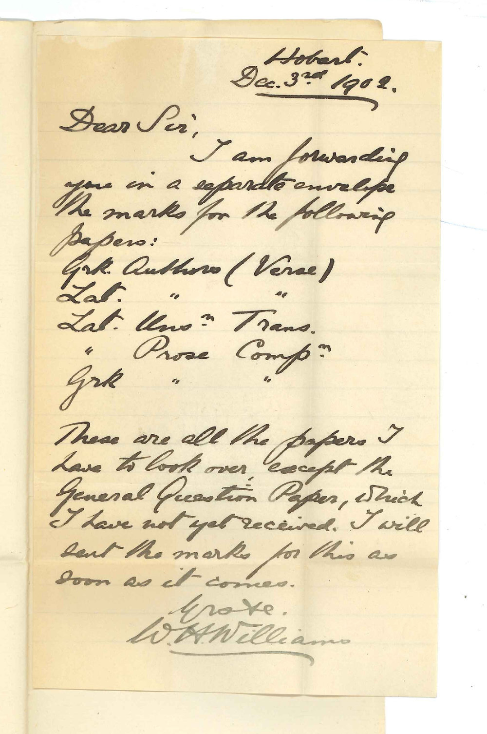 Professor Williams - Hobart - Forwarding Marks for Classics Hons