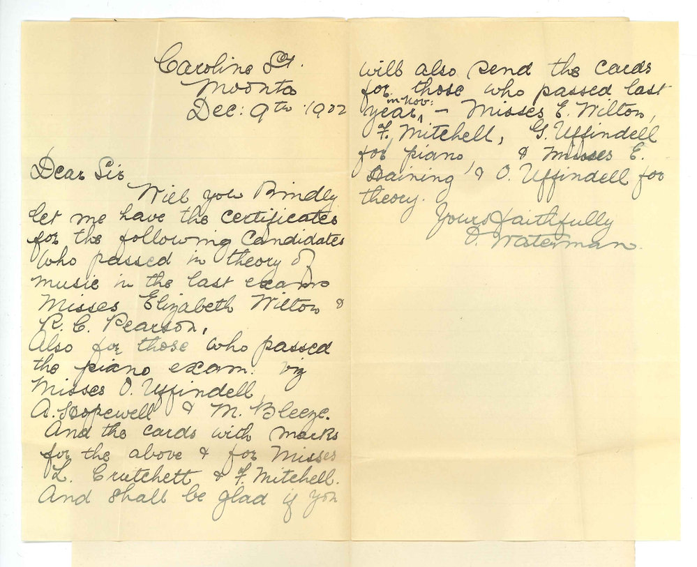 Miss O Waterman - Moonta - Requesting Card of Marks and Certificates